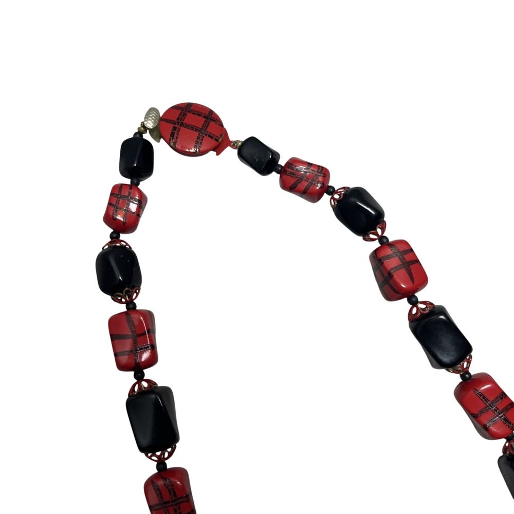 MOD 1960s Red Black Necklace Earrings Set Festival - Picture 3 of 3